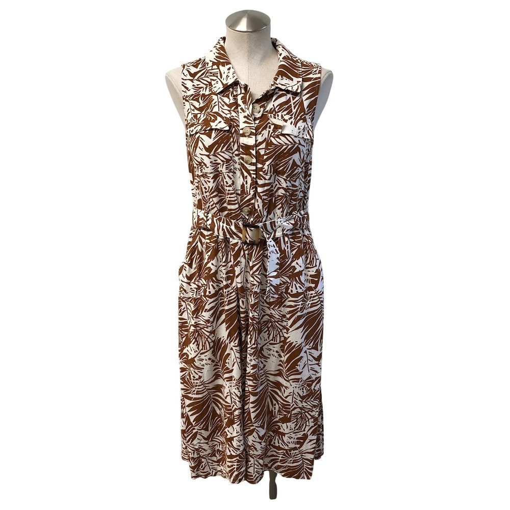 Melloday Dress Womens Medium Brown White Tropical Leaf Linen Blend Midi Belted‎